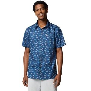 Columbia PFG Super Slack Tide Camp Shirt Blue Fish Print Mens Size Medium